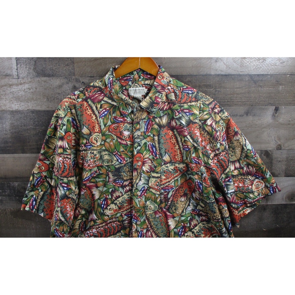 Vintage Banana Republic Shirt Mens XL Fish Print Safari Travel Short Sleeve 90s